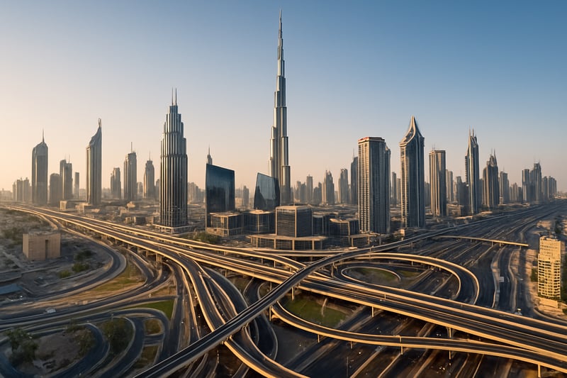 Dubai city skyline with modern highways and road infrastructure Dubai city skyline with modern highways and road infrastructure